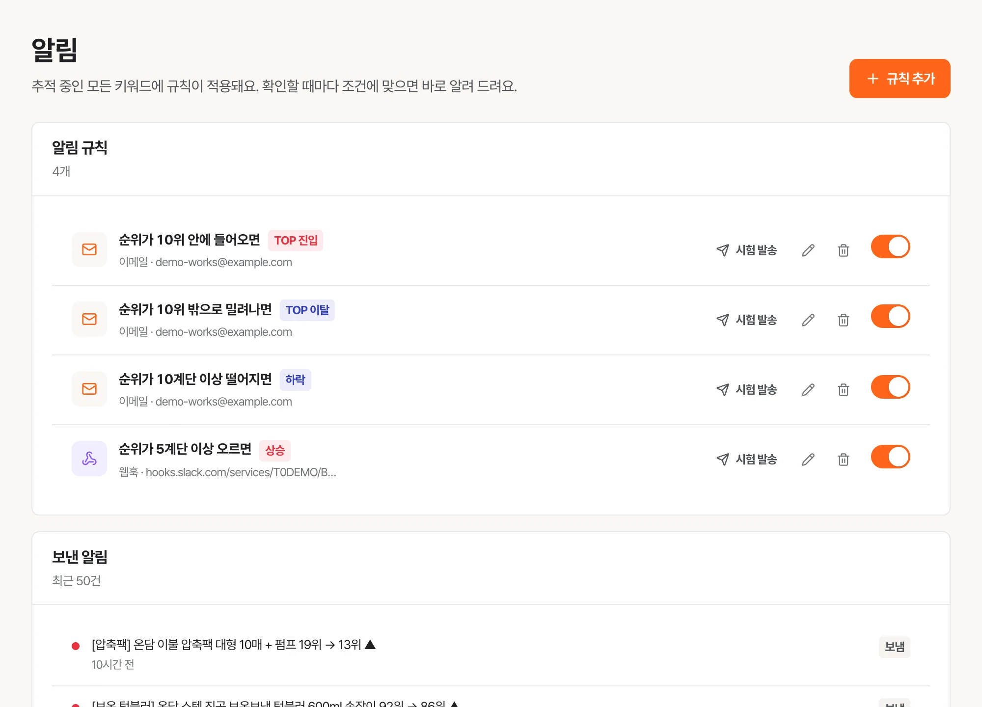 알림 화면: 알림 규칙 네 개와 최근 보낸 알림 목록